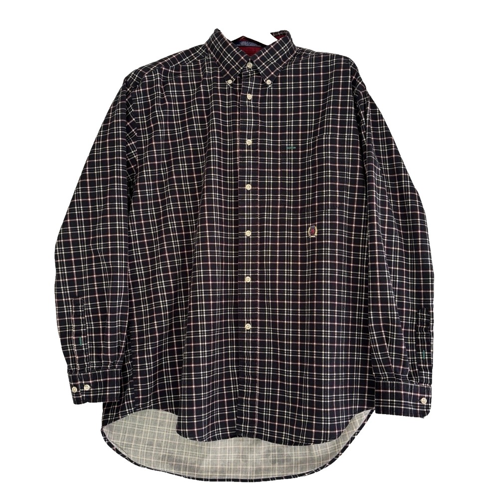 Tommy Hilfiger Men's Large Plaid Button Down Shirt Black Red Cotton Classic